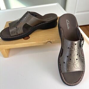 Clarks Patty Athens Pewter Gray Slip On Slide Comfort Sandal Metallic Laser Cut